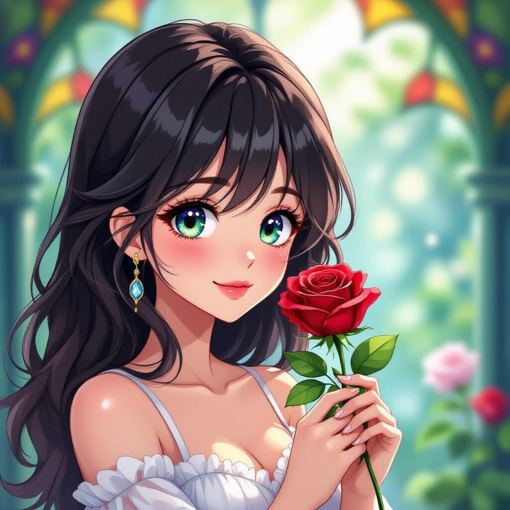 Anime Woman Offers Rose in Stained Glass Style