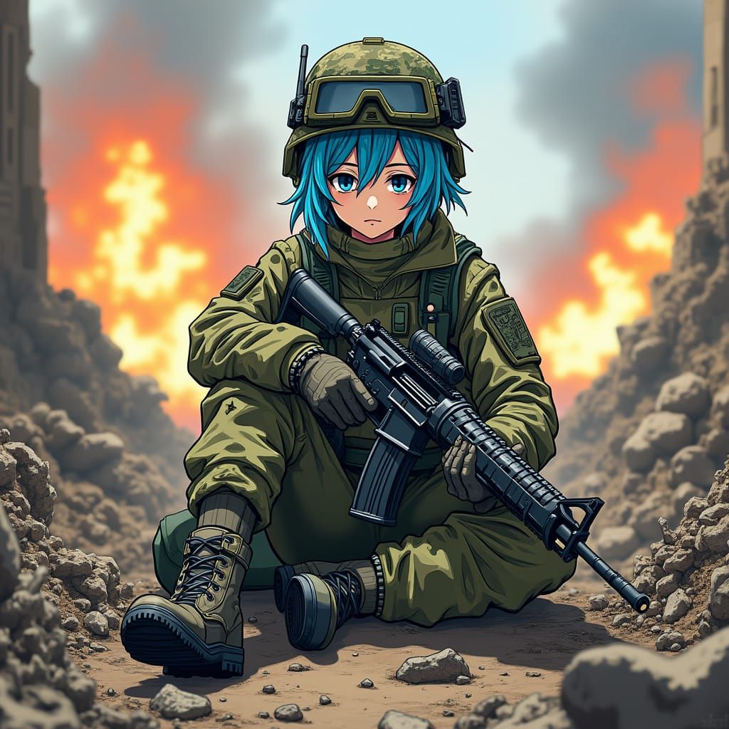 Anime Soldier in War Zone, Manga Style