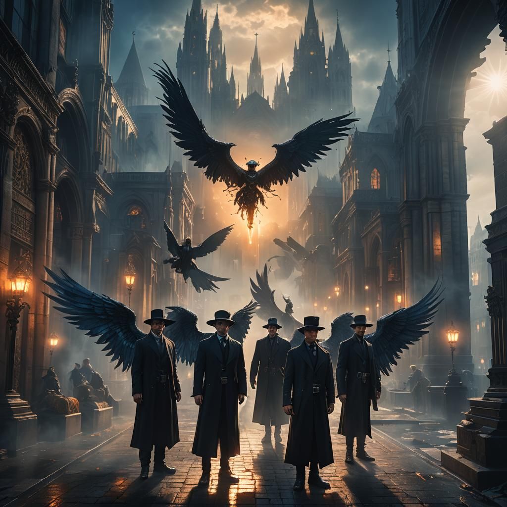 Mystical Gothic Cityscape: Dark Fantasy Angel Hybrids