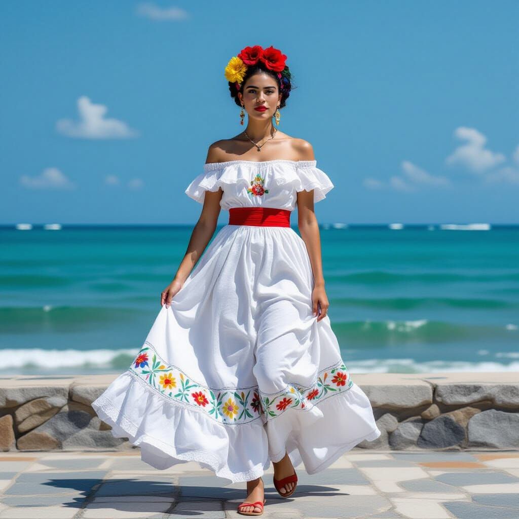Veracruz Woman in White by the Sea, Folkloric Surrealism