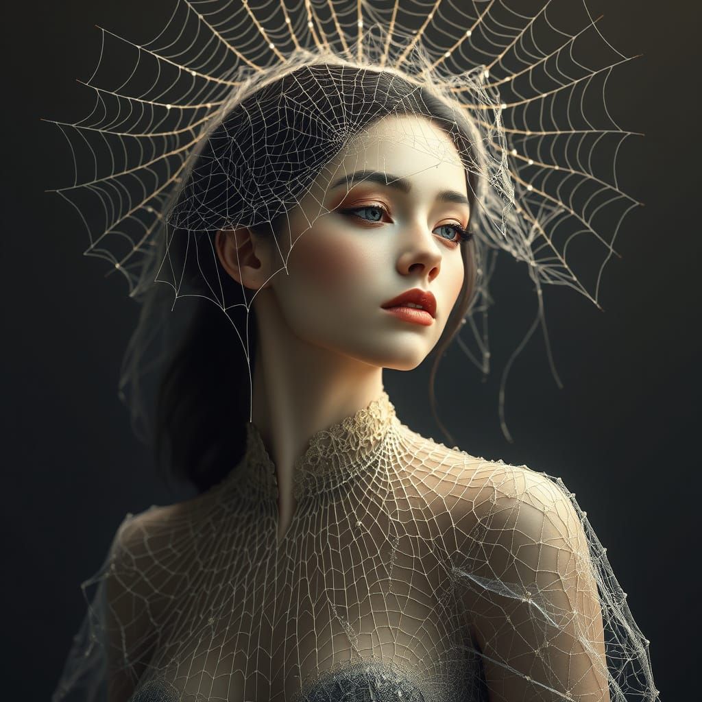 Ethereal Woman in Spiderweb Gown and Veil