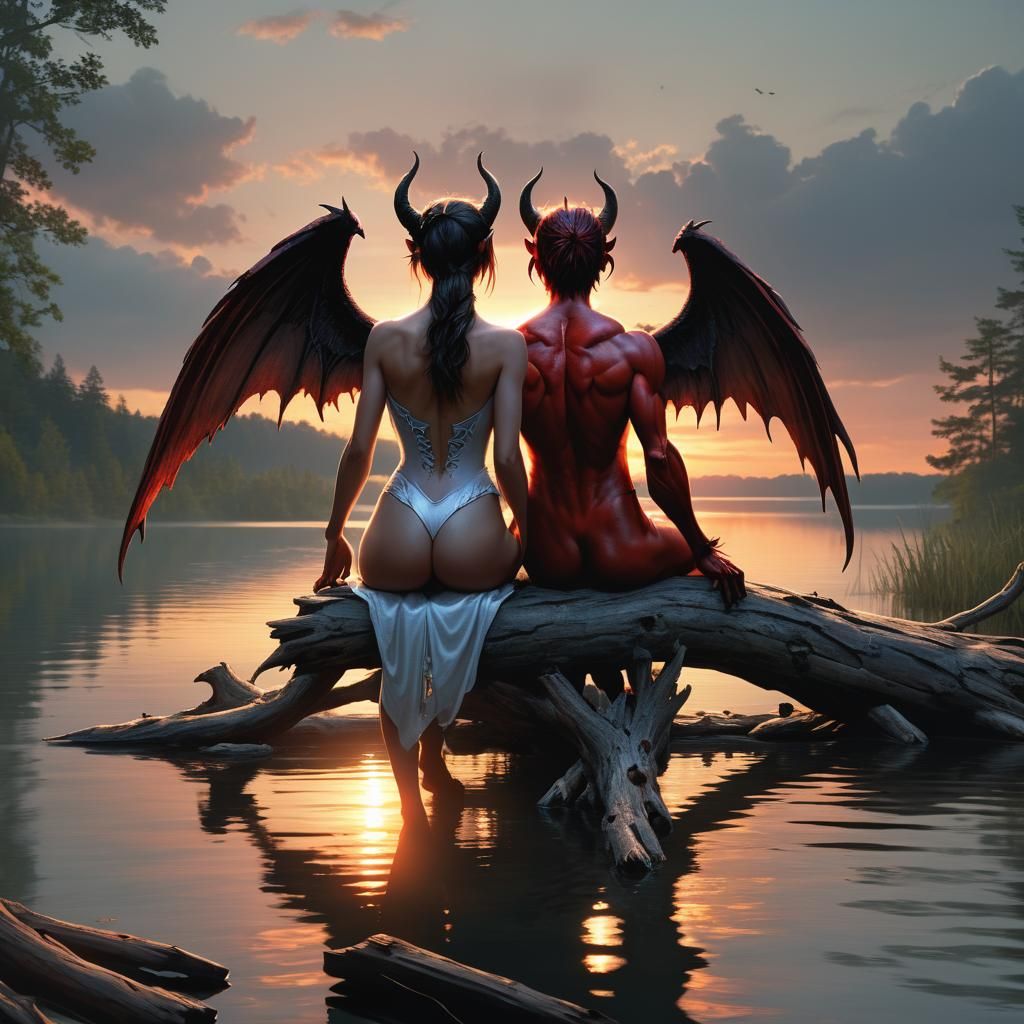 Devil and Angel at Sunset: Photorealistic Image