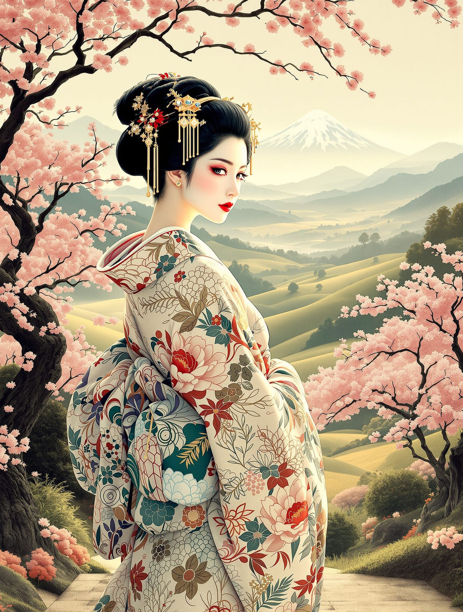 Art Nouveau Geisha in Japanese Landscape