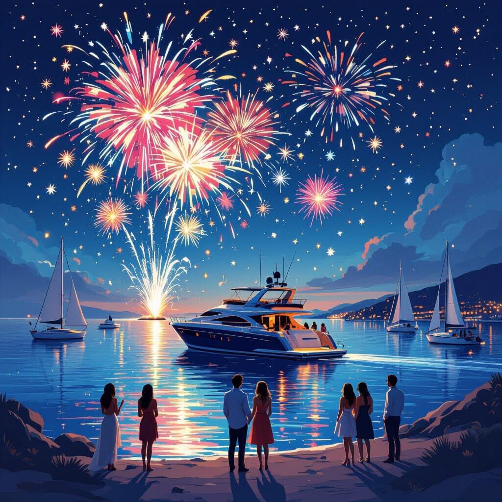 Vibrant Fireworks Reflect on the Sea, Loish Style