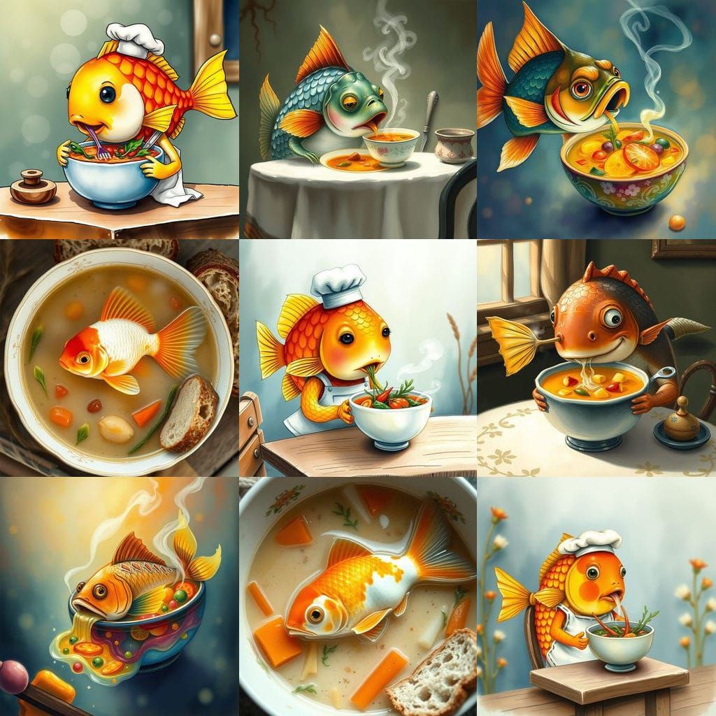 Fish Dines on Savory Soup in Whimsical Scene