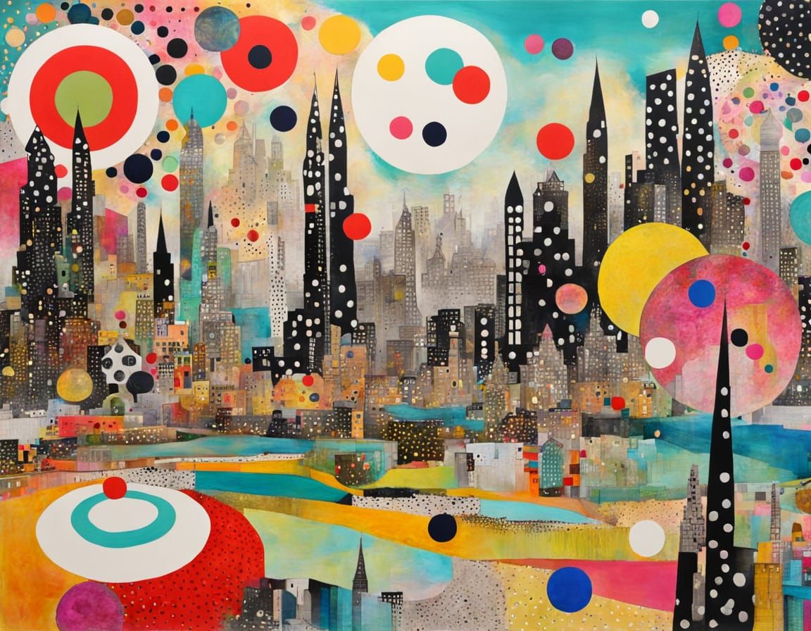 Surreal Maximalist Cityscape with Mixed Media Elements