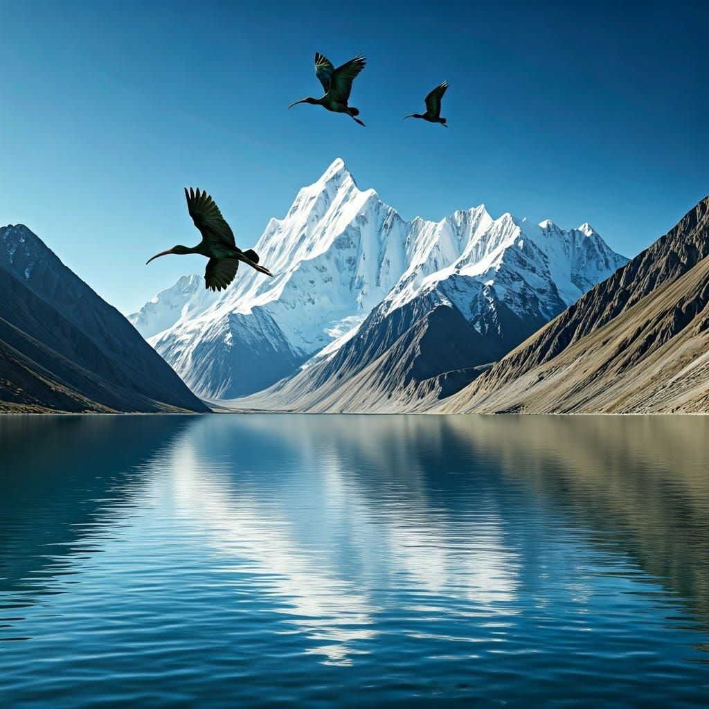 Glossy Ibises Fly Over Borith Lake: Cinematic Digital Painti...