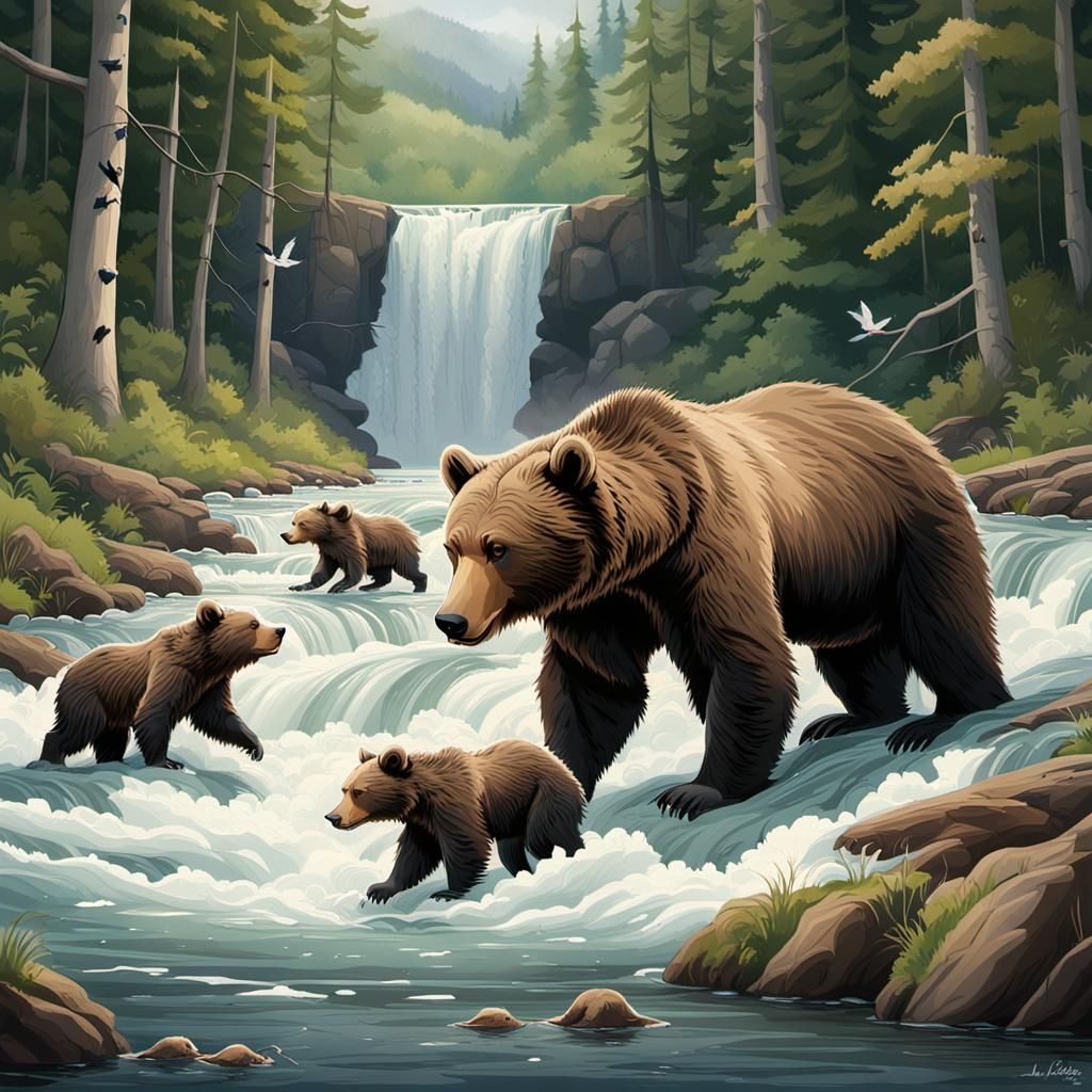 Bears Fishing in Jungle River: Matte Painting