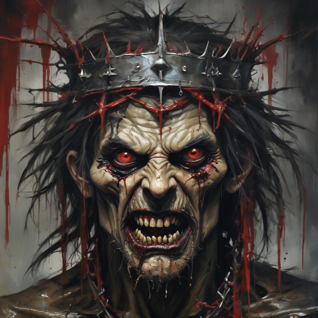 Sinister Grotesque Face with Blood in Gothic Oil Painting