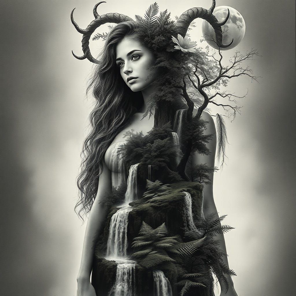 Hyperrealistic Virgo Double Exposure with Waterfall Landscap...