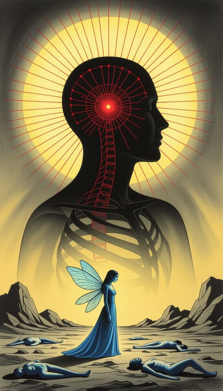 Surreal Charcoal Drawing of Spiritual Introspection