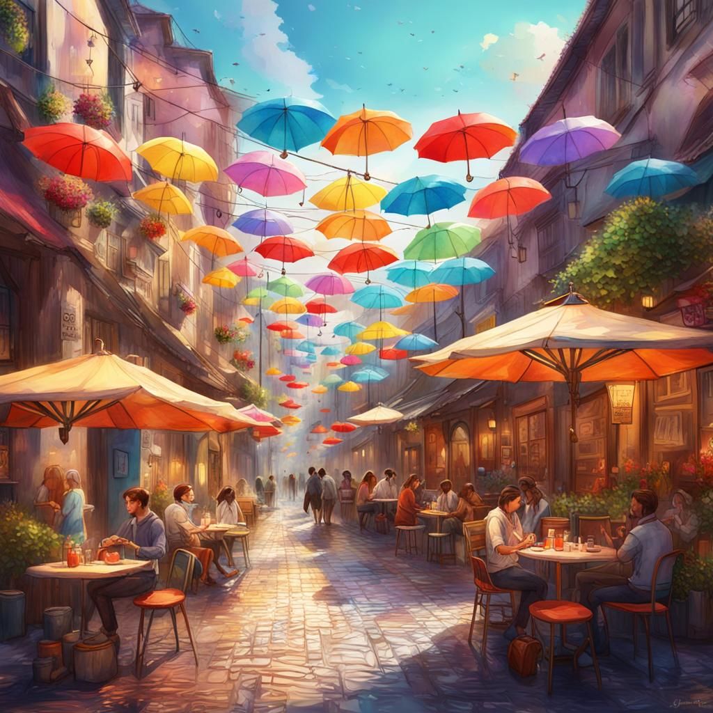Romantic Street Scene with Colorful Umbrellas