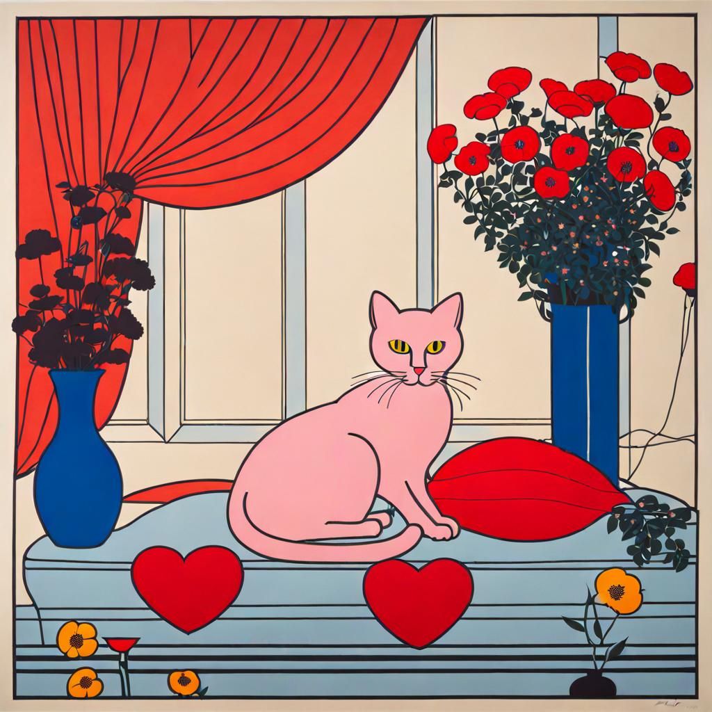 Pop Art Cat with Flowers and Heart Lights