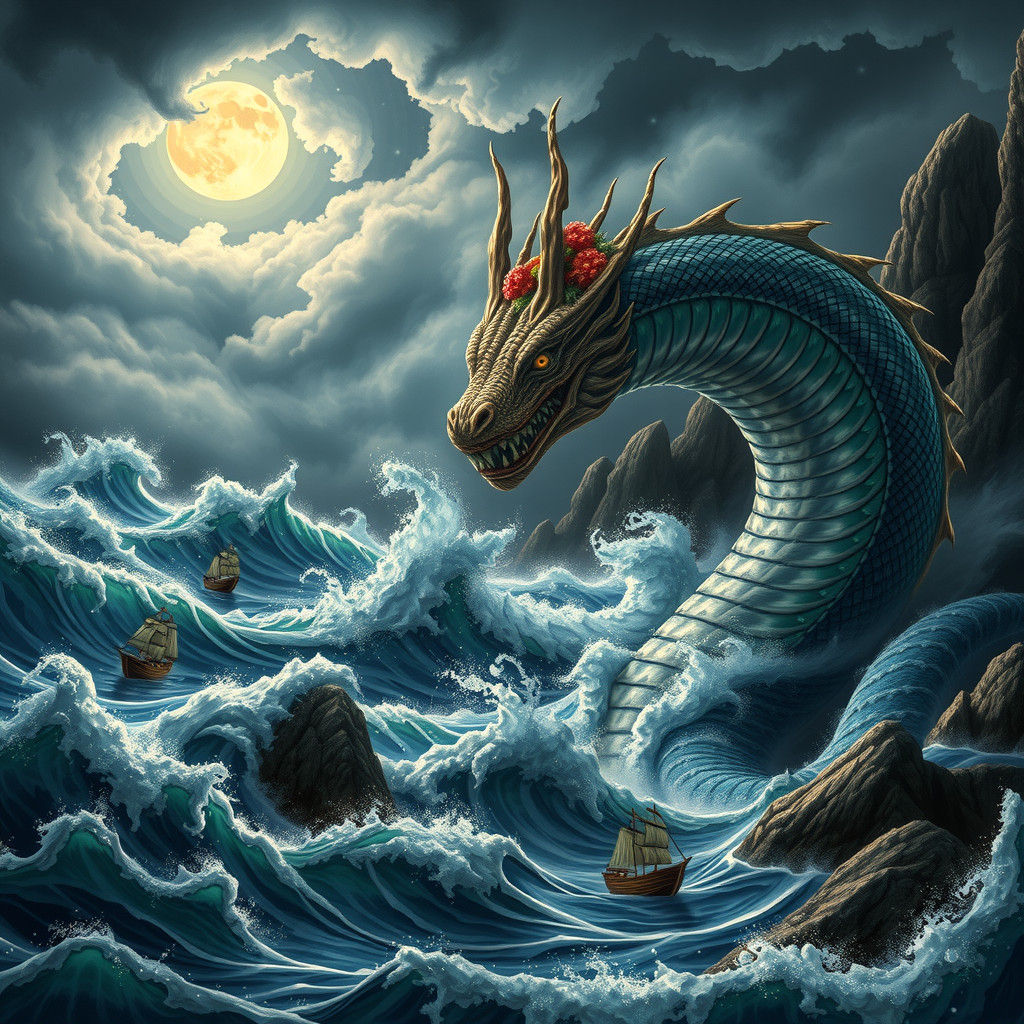 Majestic Sea Serpent Emerges from Stormy Ocean