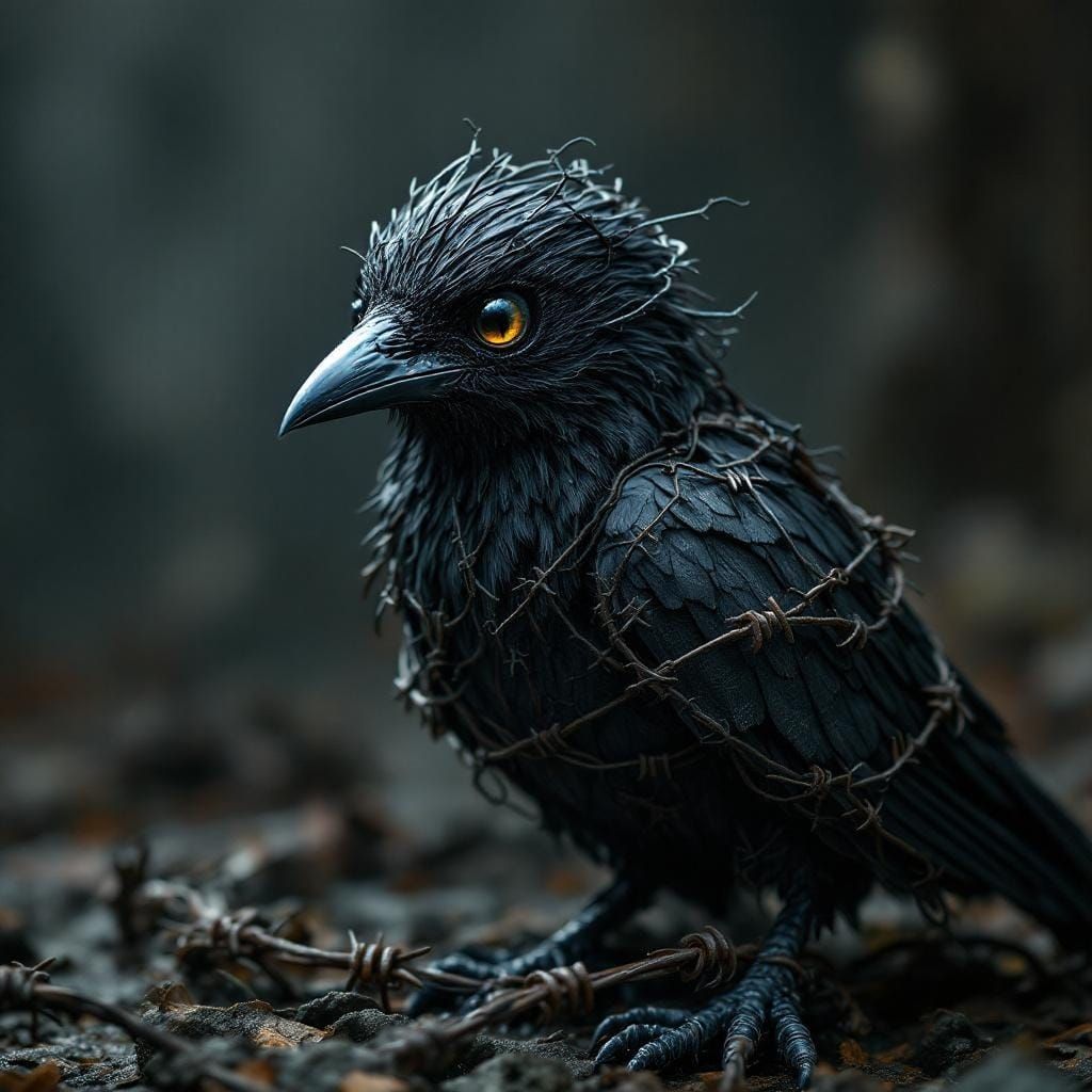Barbed Wire Raven: Dark Fantasy Sculpture