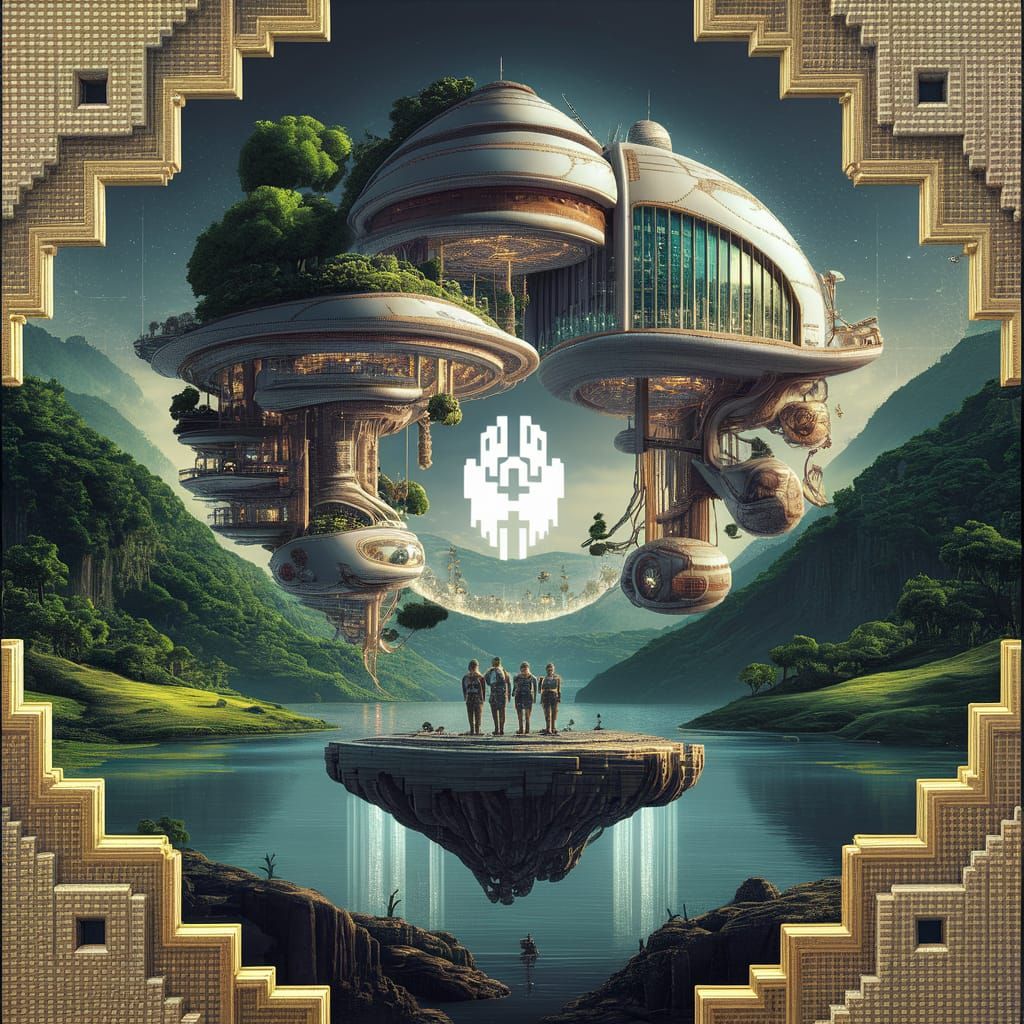 8-Bit Pixel Art City Above Serene Lake