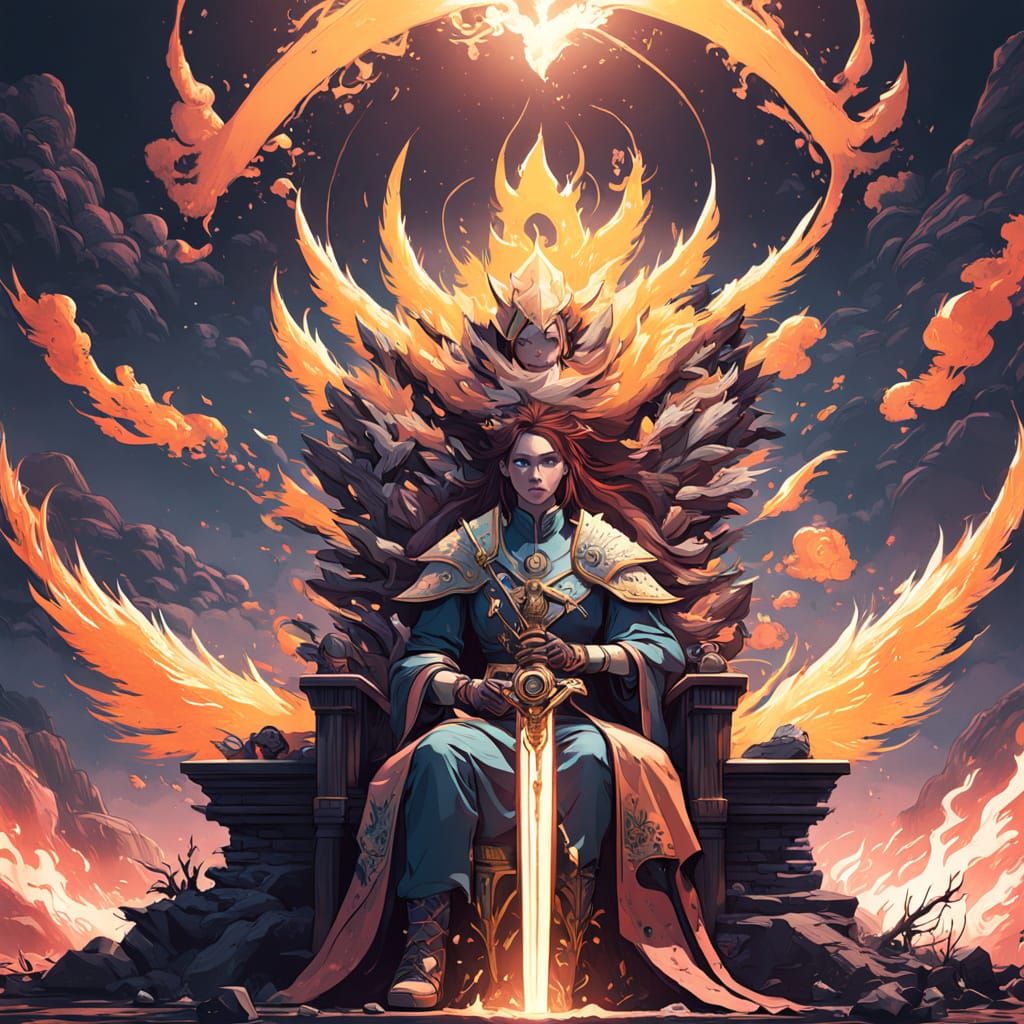 Ethereal Warrior Rides Mystic Phoenix with Fiery Sword Slash