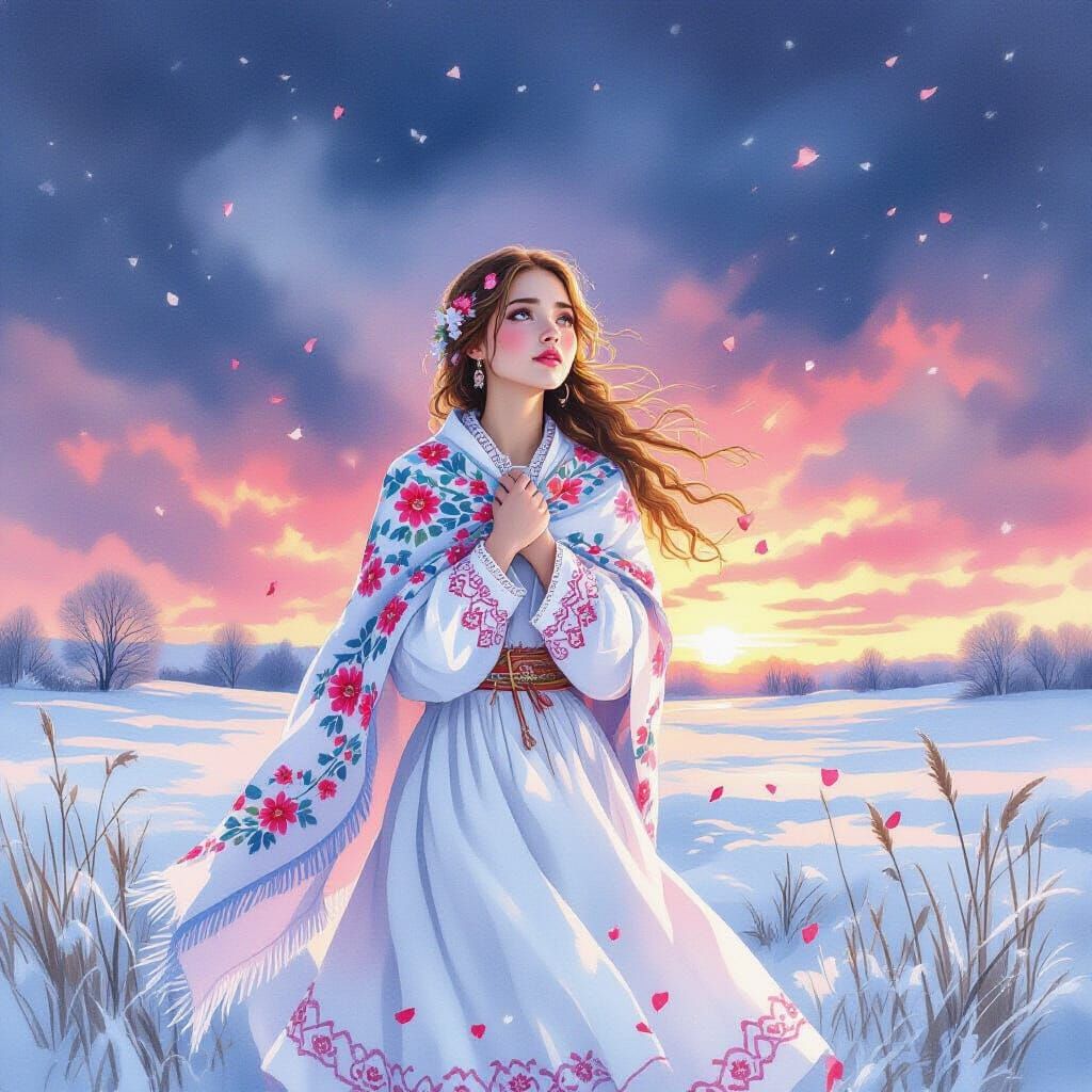 Ukrainian Maiden in Snowy Field, Watercolor Style