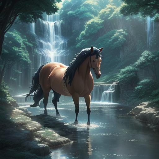 Horse Waterfall in Studio Ghibli Anime Style