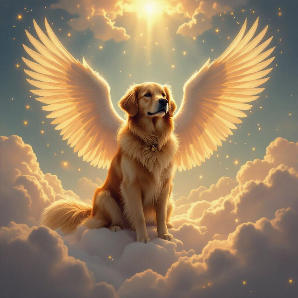 Heavenly Golden Retriever with Wings in Ethereal Light