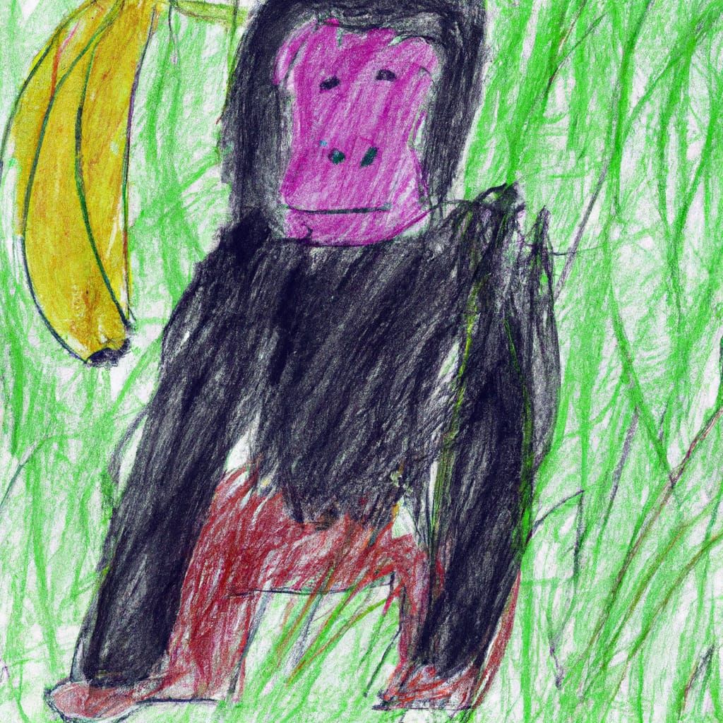 Childlike Crayon Drawing: Black Ape Eating Banana