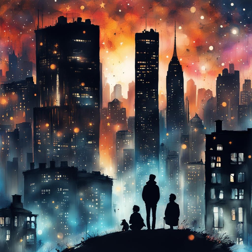 Enchanting Cityscape Under Stars in Watercolor Splash Art