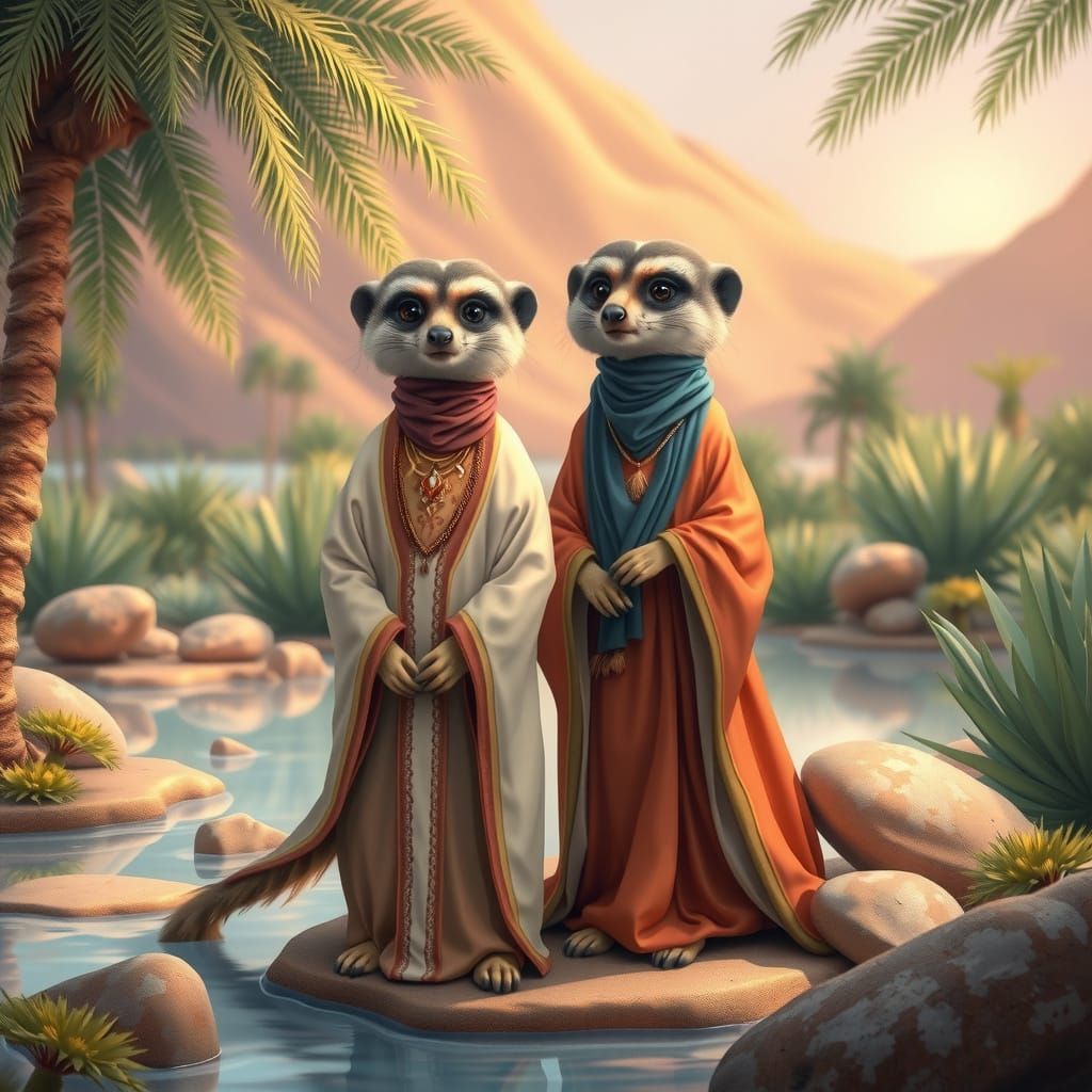 Meerkat Couple in Saharian Oasis, Digital Art