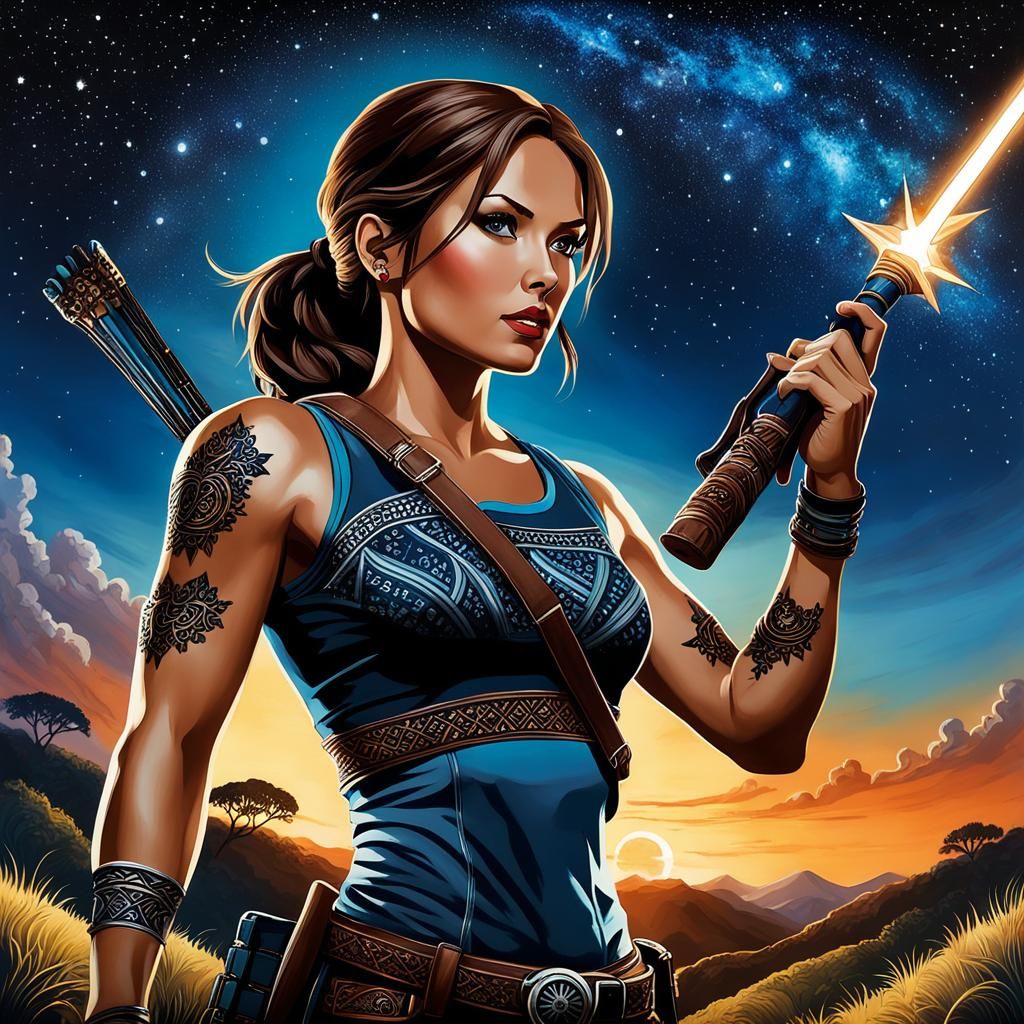 Lara Croft Silhouette in Zentangle Art Deco Style