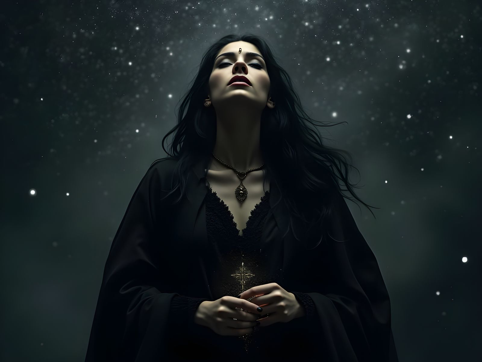 Ethereal Wiccan Goddess in Starlit Night Sky