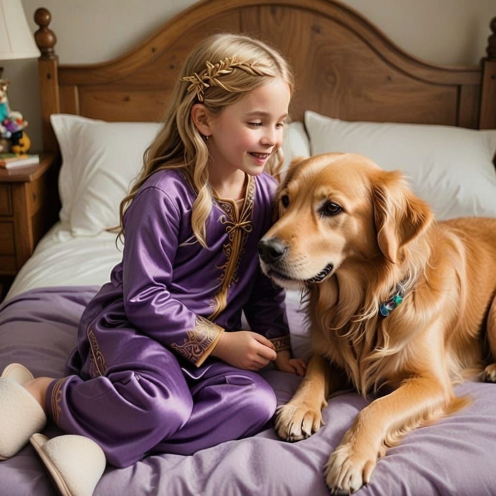 Girl on her bed, wearing a purple footed sleeper, telling he...