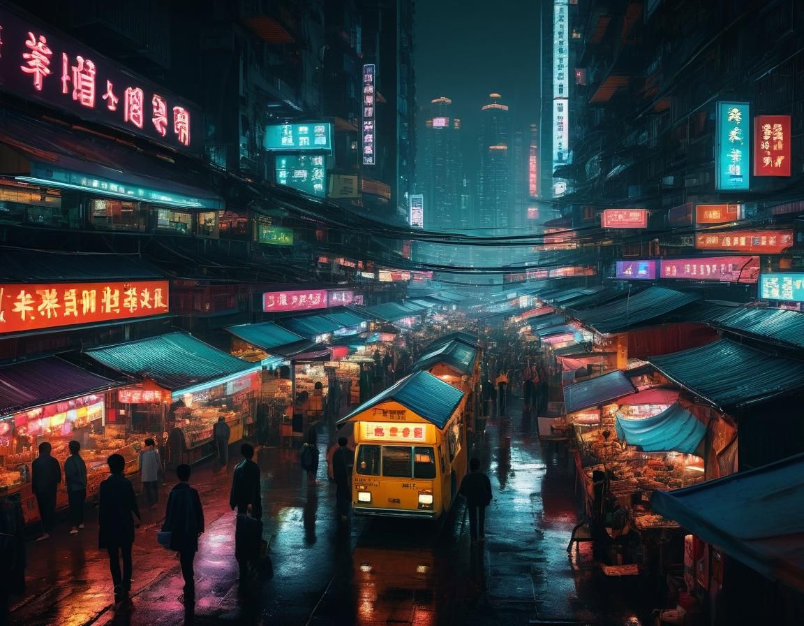 Cyberpunk Night Market in Kowloon, Syd Mead Style