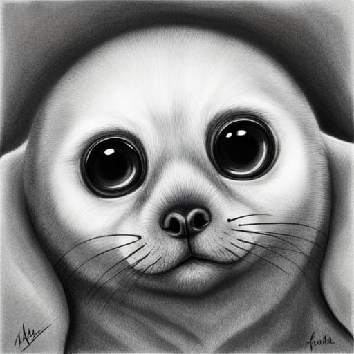 Encouraging Baby Seal Charcoal Drawing