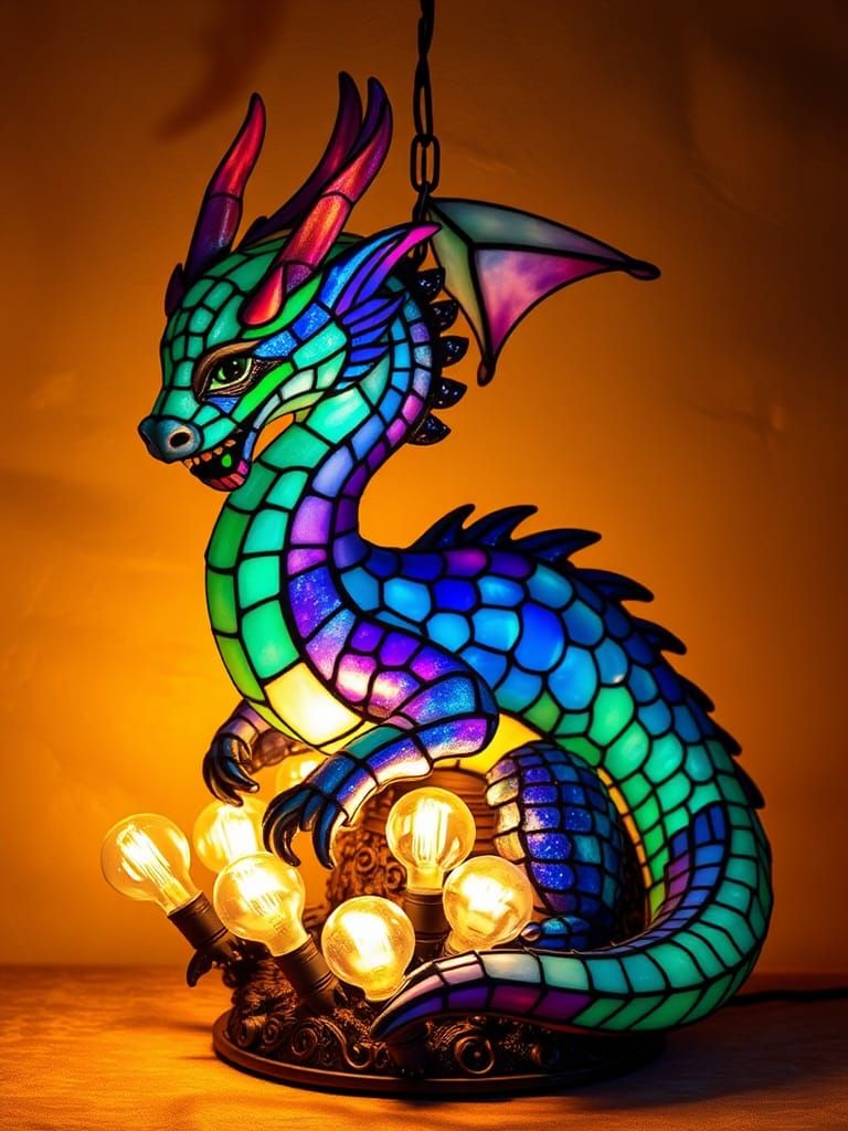 Dragon Lamp Hoarding Lightbulbs in Art Nouveau Style