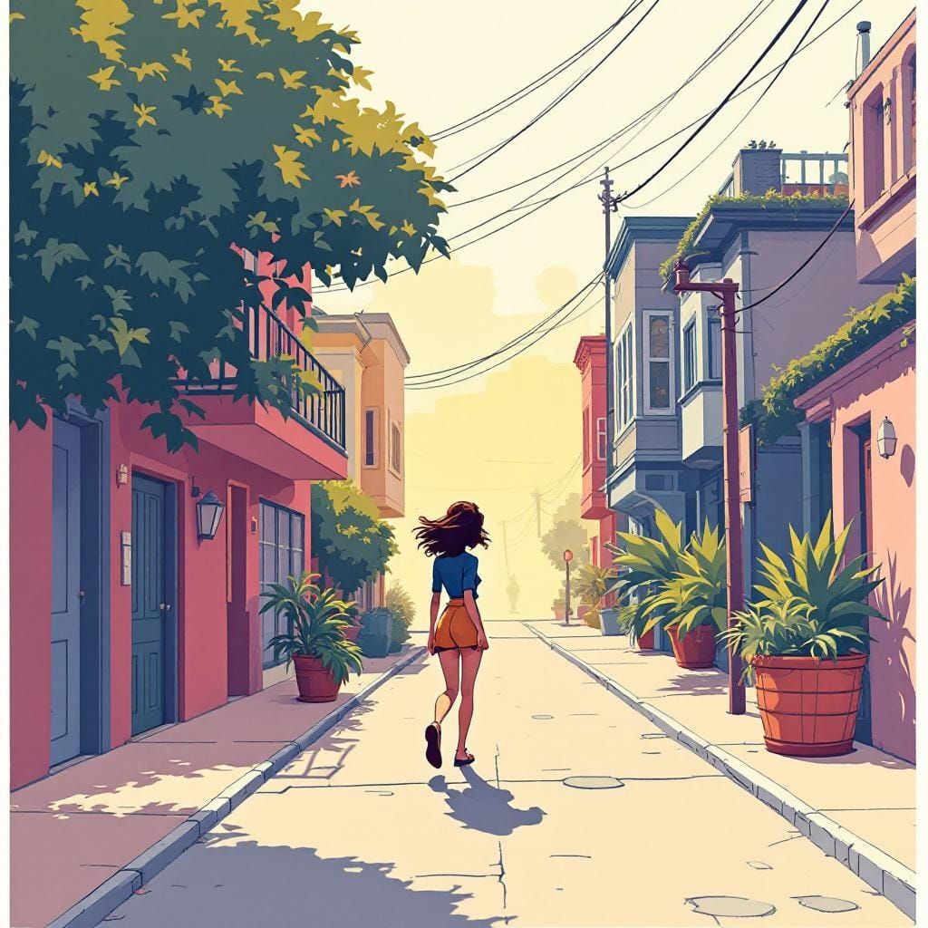 Americana Cartoon: Woman Walking in Retro Style