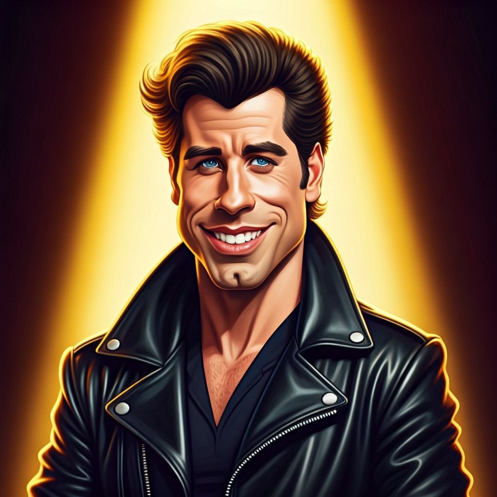 John Travolta As Danny Zuko Caricature in 50s Animation Styl...