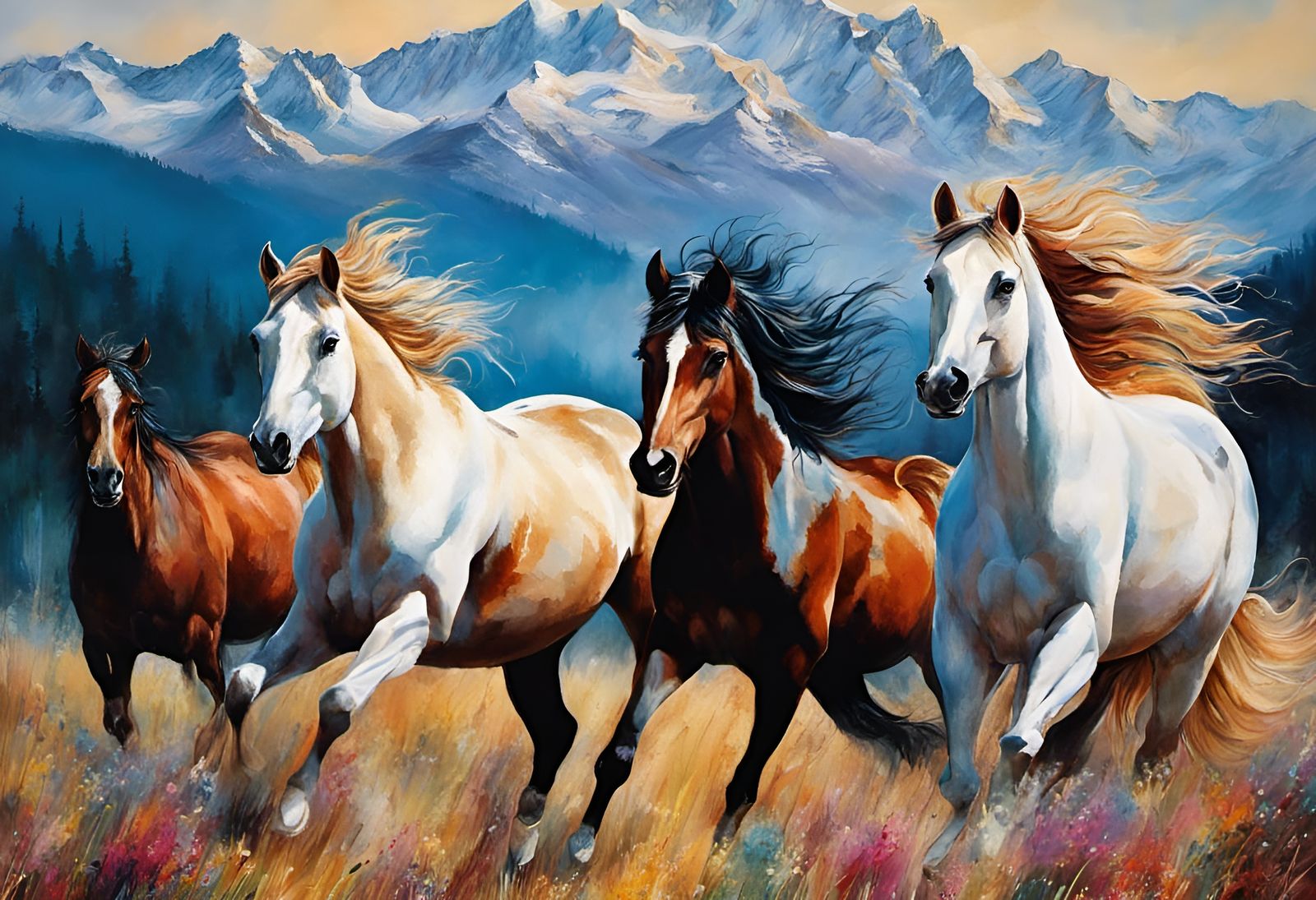 Wild Mustangs Galloping Free: Digital Art