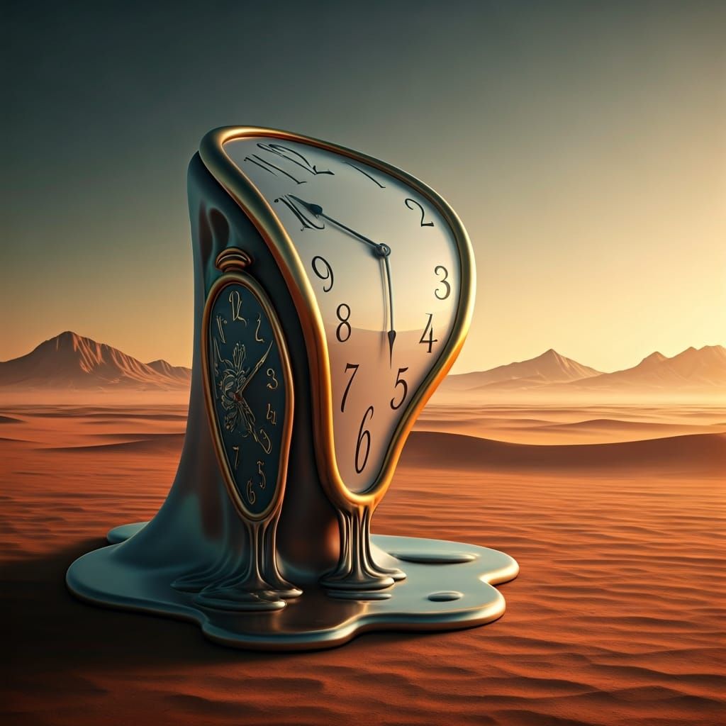 Surreal Melting Clock in Desert Landscape