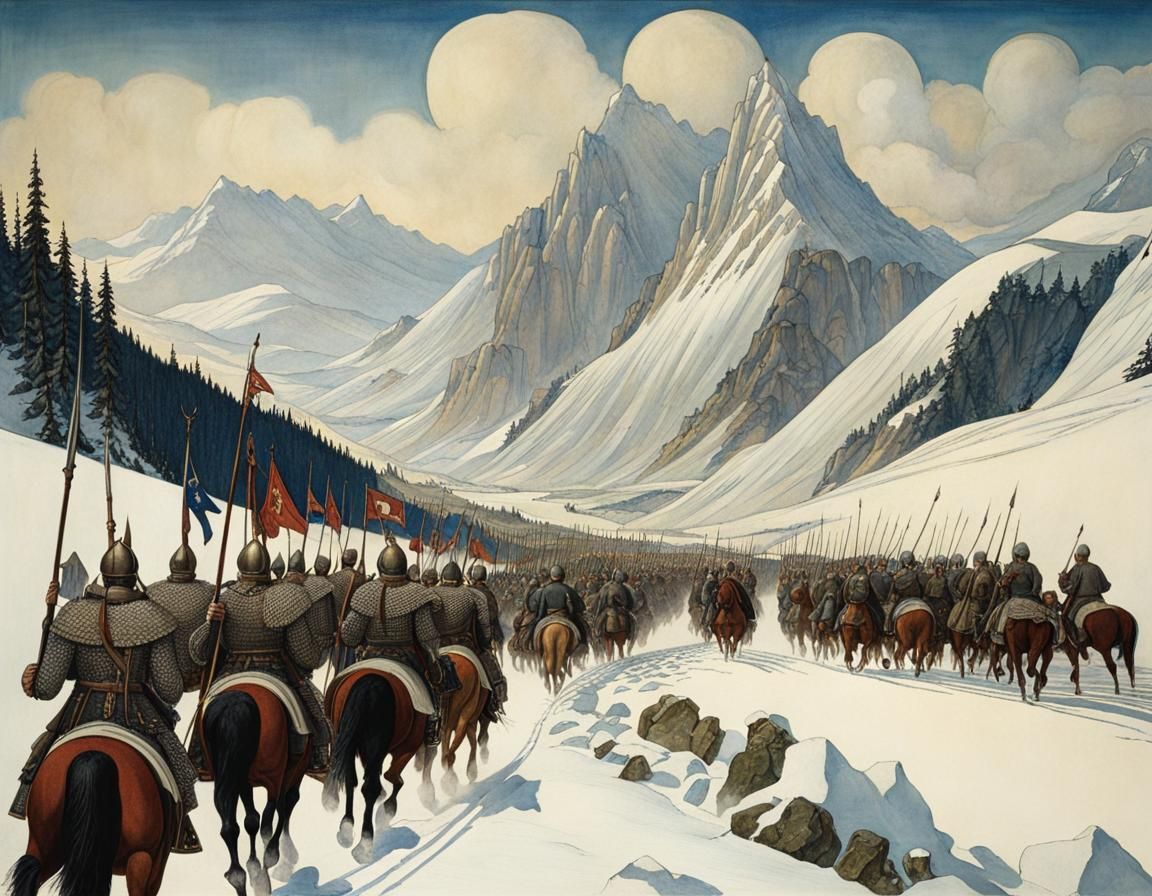 Medieval Army Marches Through Mountain Pass