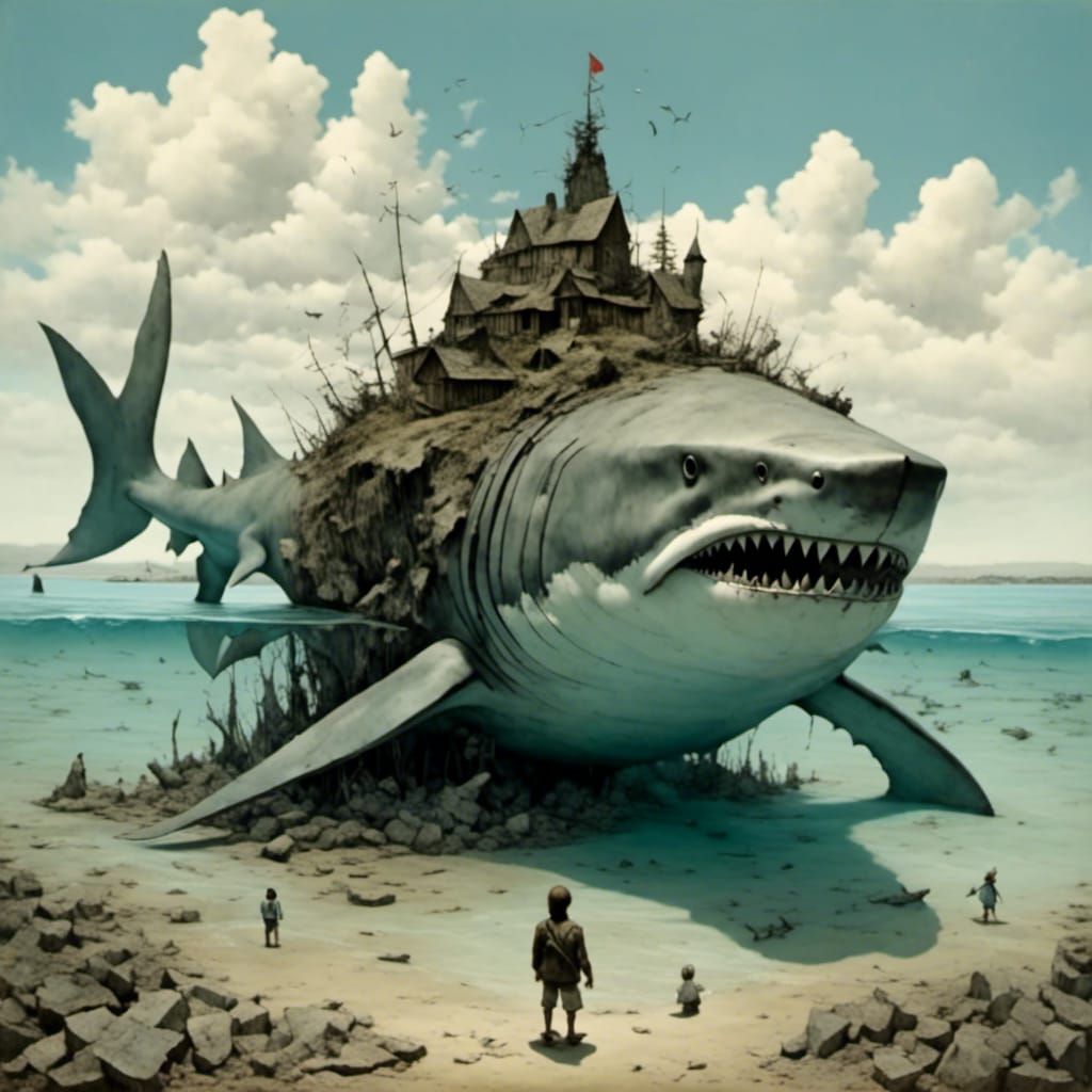 Robot Shark on Black Beach in Watercolor Style