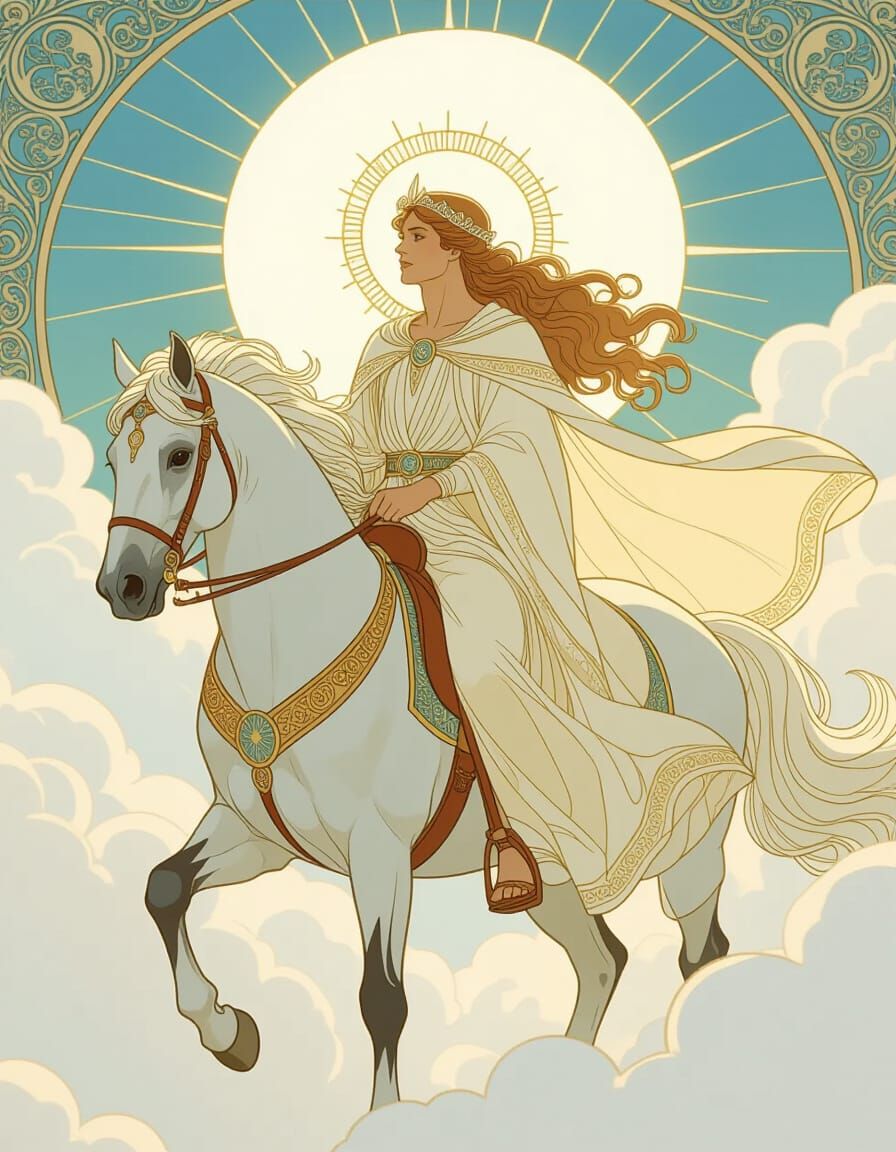 Apollo Rides a Horse with his Fiancée in Art Nouveau Style