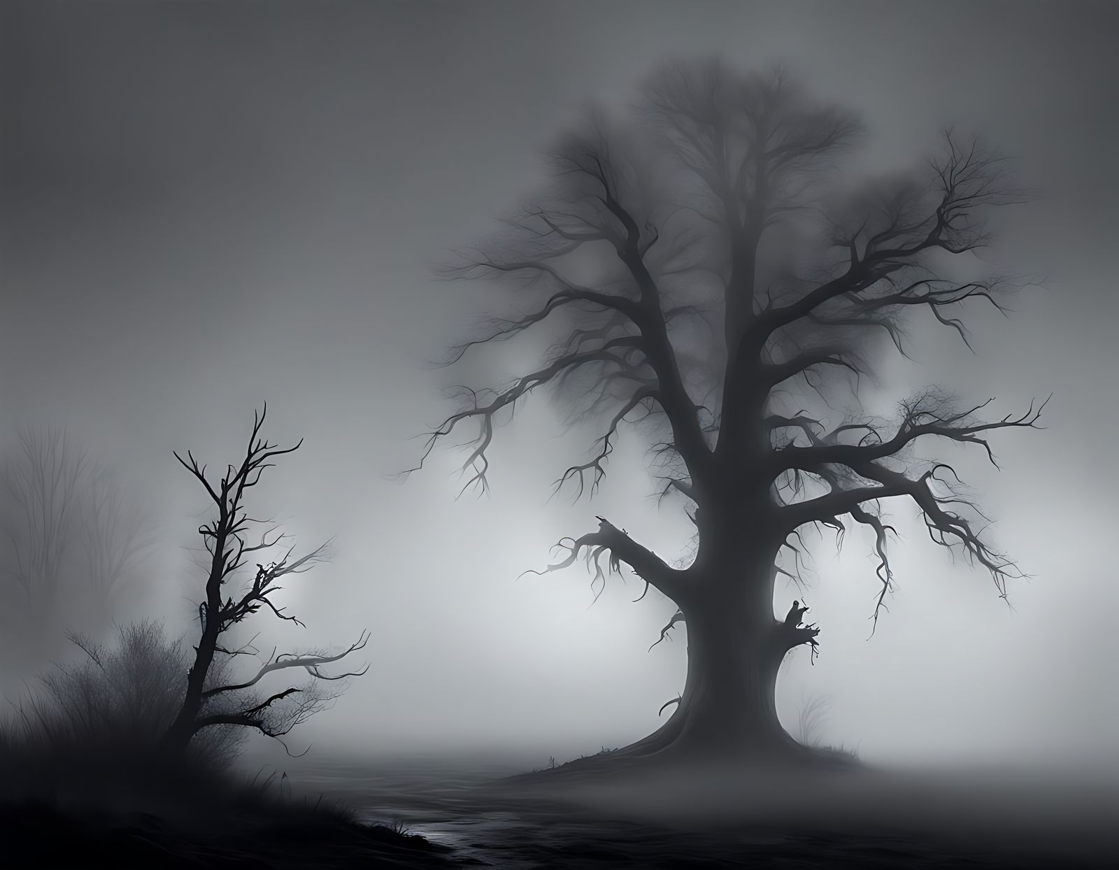 Monotone Dead Tree Emerging from Night Fog