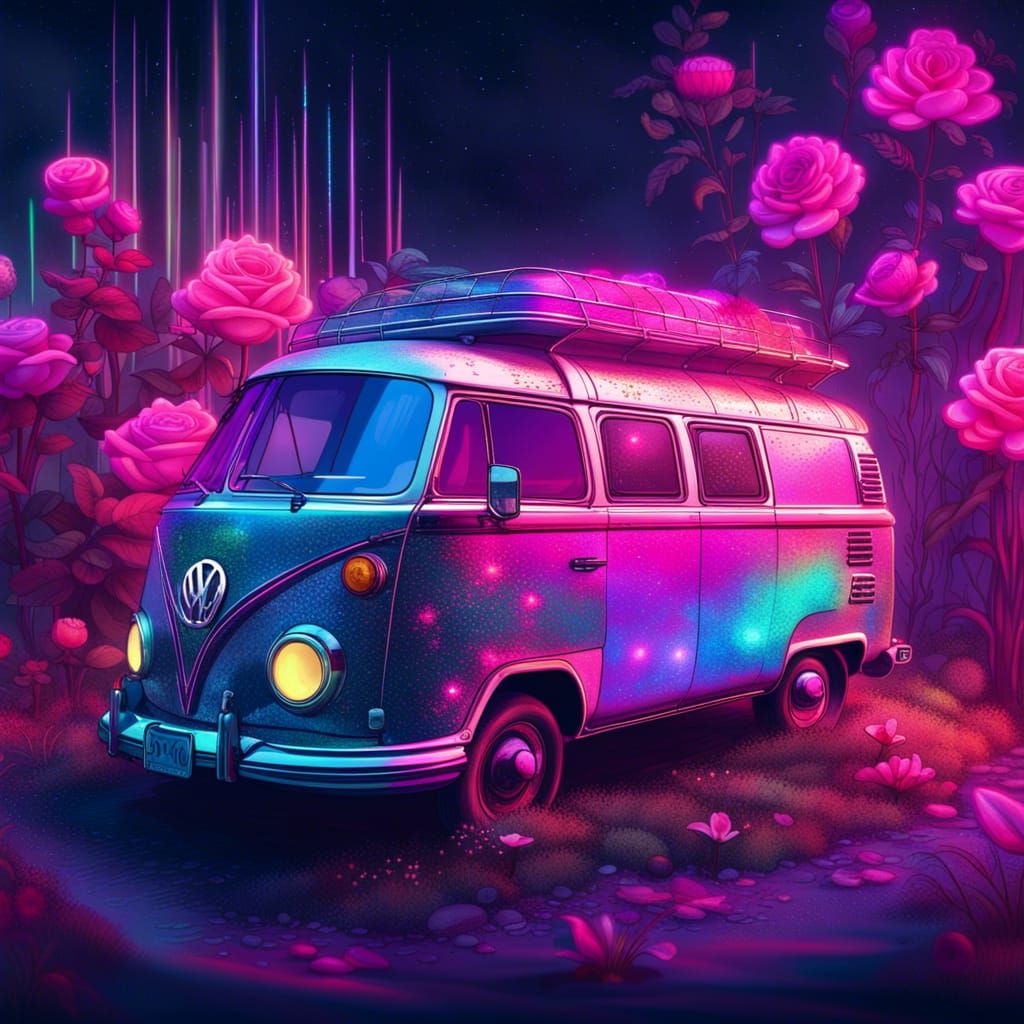 Cyberpunk Hippy Van: Neon, Roses, and Stars