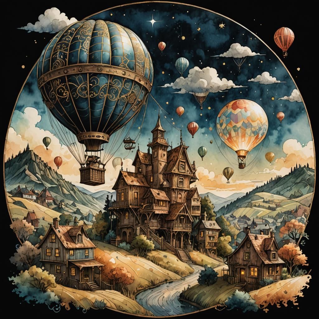 Steampunk Balloon Over Hillside Illustration