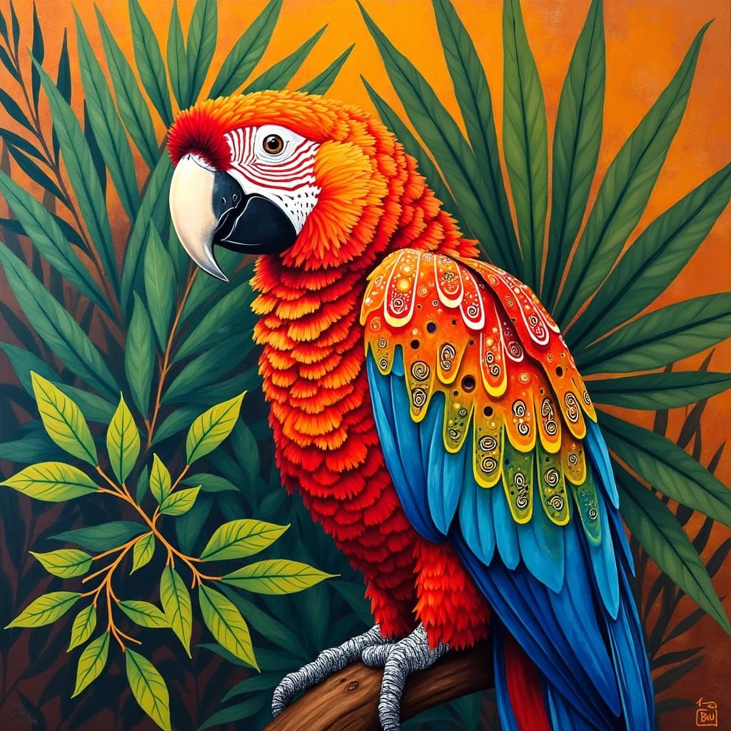Colorful Parrot in Tropical Foliage: Post-Impressionist Styl...