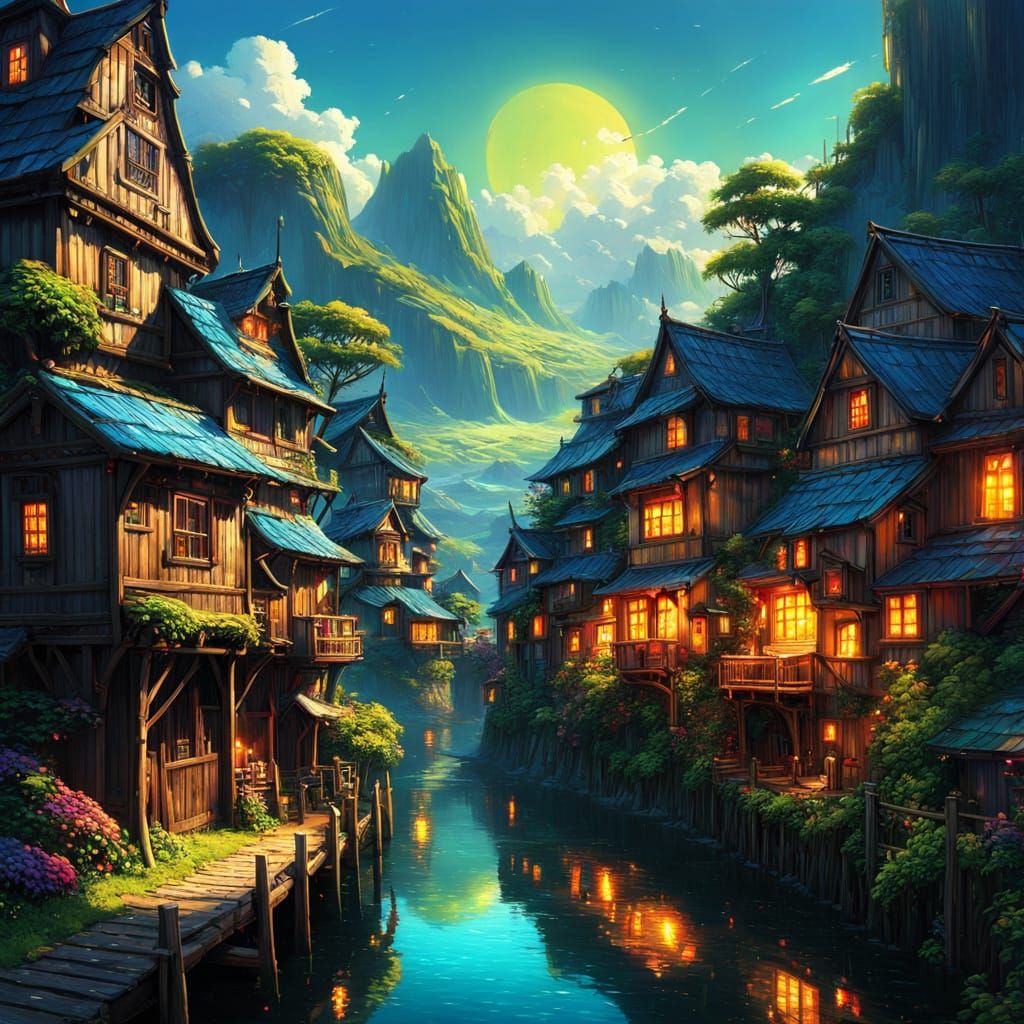 Surreal Solarpunk Village in Vibrant Colors