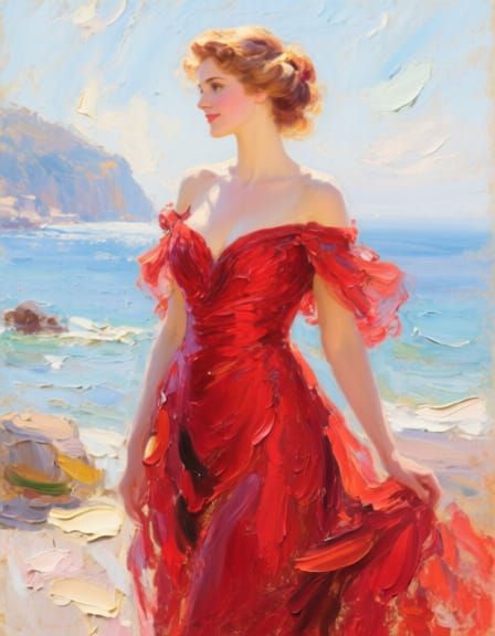 Impasto Oil Painting of Elegant Woman in Crimson Gown