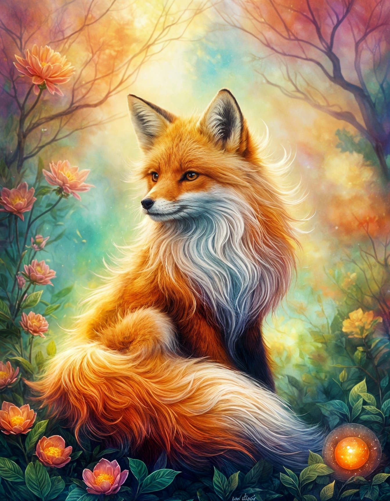 Adorable Fluffy Fox Rests in Dreamy Watercolor-Oil Hybrid