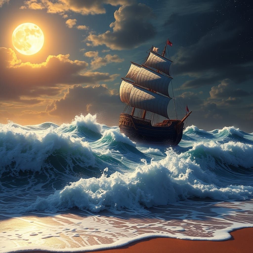 Detailed Ship Sails Turbulent Ocean: Digital Matte Painting