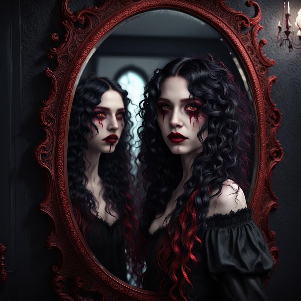Long black and red hair, curly hair, red eyes, tears, red ey...