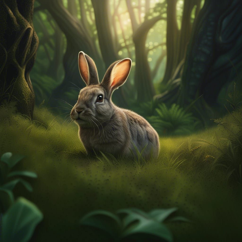 Realistic Wild Rabbit in Forest Scene
